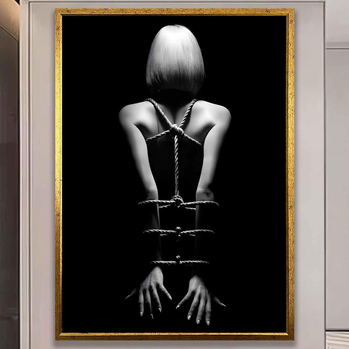Standing Woman with Bound Arms Black White Shibari Art Poster