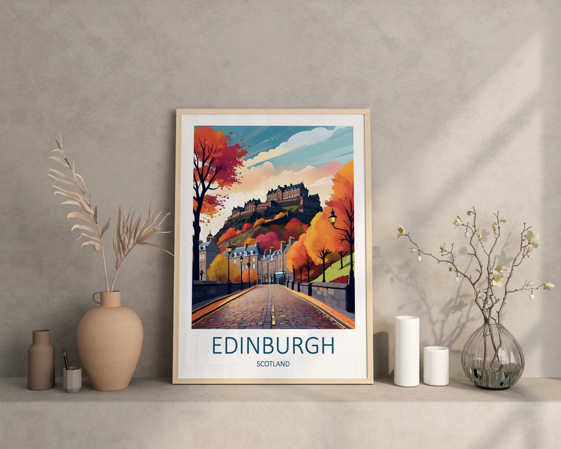 Edinburgh Scotland Castle In Autumn Cobblestone Street Poster - Image 4