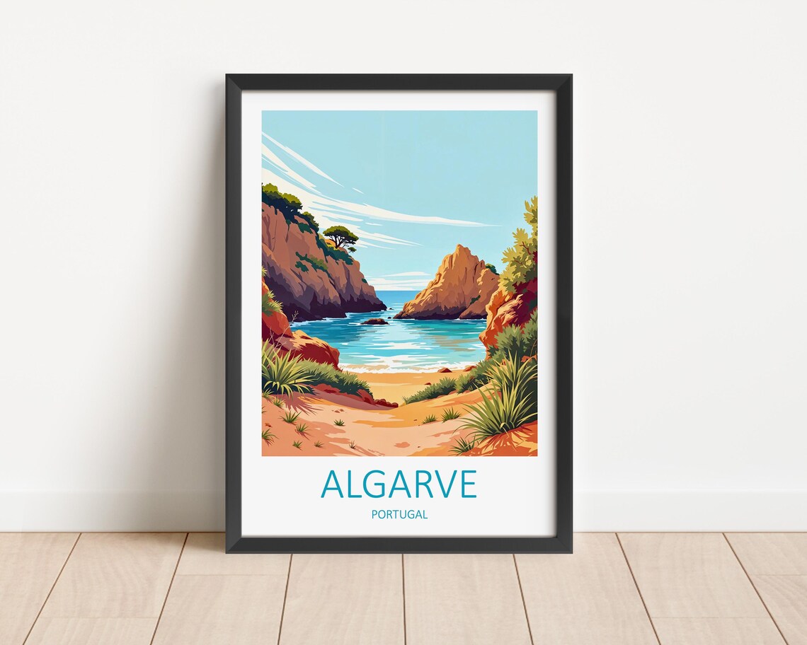 Algarve Portugal Golden Cliffs Secluded Cove Beach Travel Poster