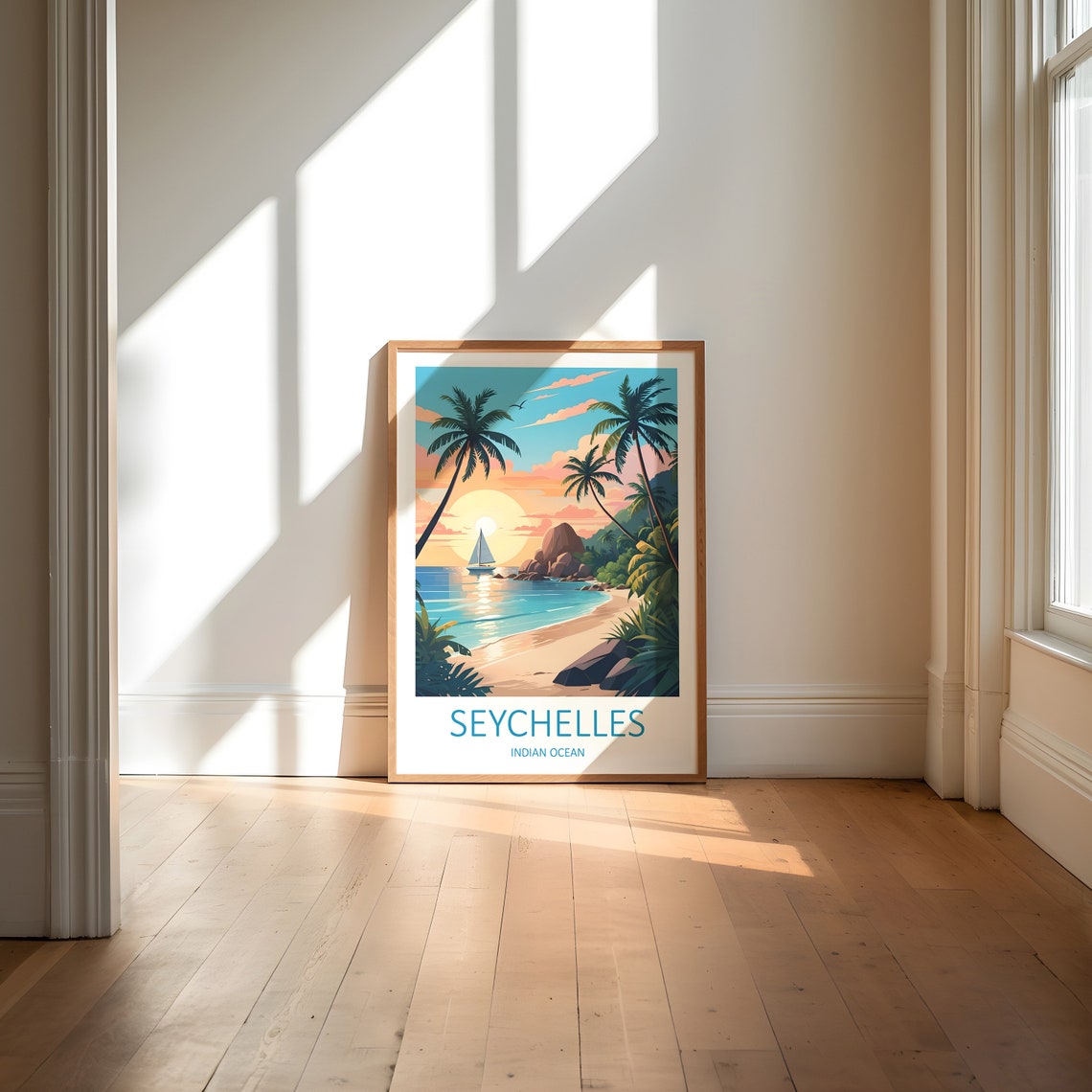 Seychelles Indian Ocean Sunset Beach Sailboat Palms View Poster - Image 6