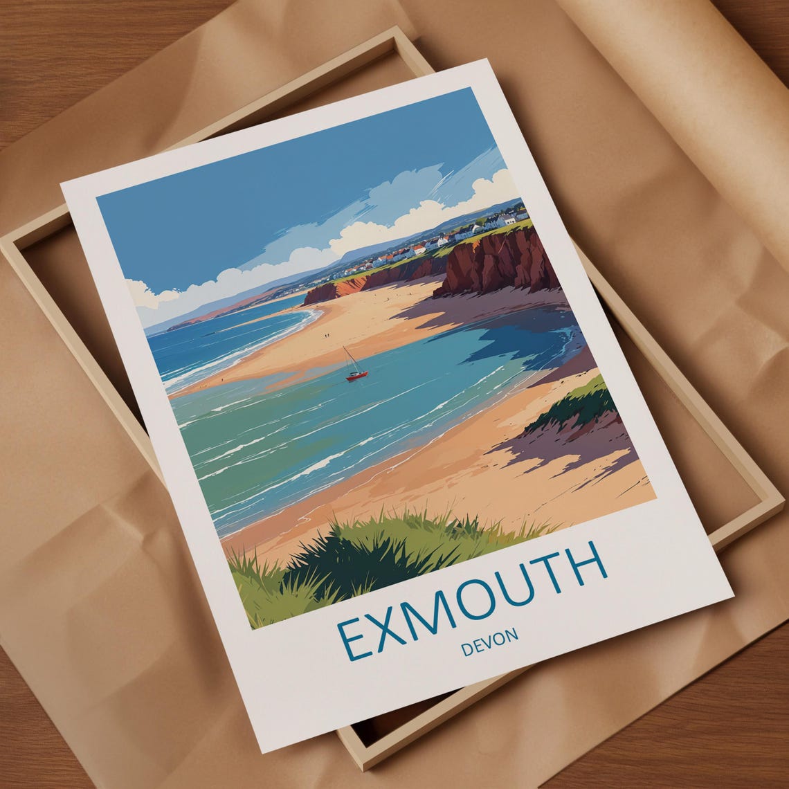 Exmouth Devon Sandy Beach Cove Red Cliffs and Sailboat Poster - Image 4