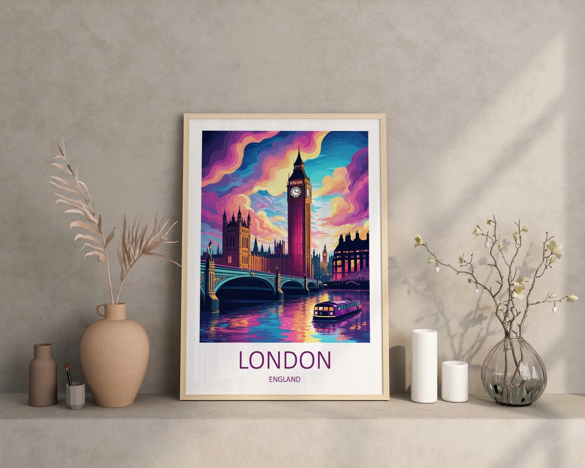London Big Ben At Dusk With Westminster Bridge and River Boat Poster - Image 4