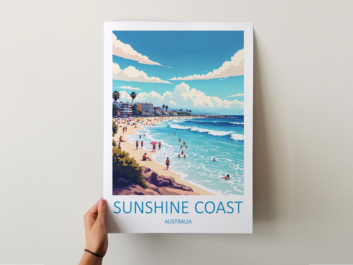 Sunshine Coast Australia Beach Day With Swimmers and Surf Poster - Image 5