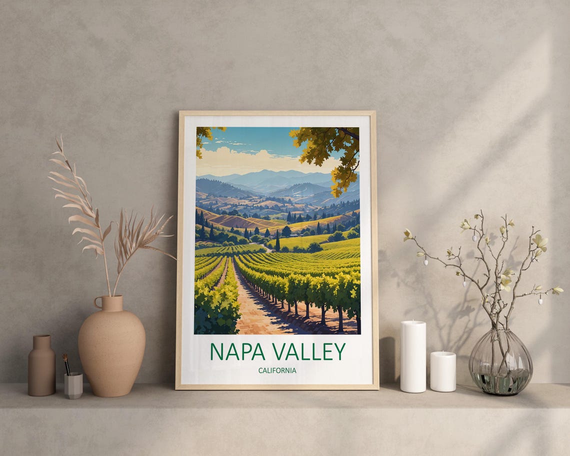 Napa Valley California Vineyard Rows Golden Hills Sunset Travel Poster - Image 2