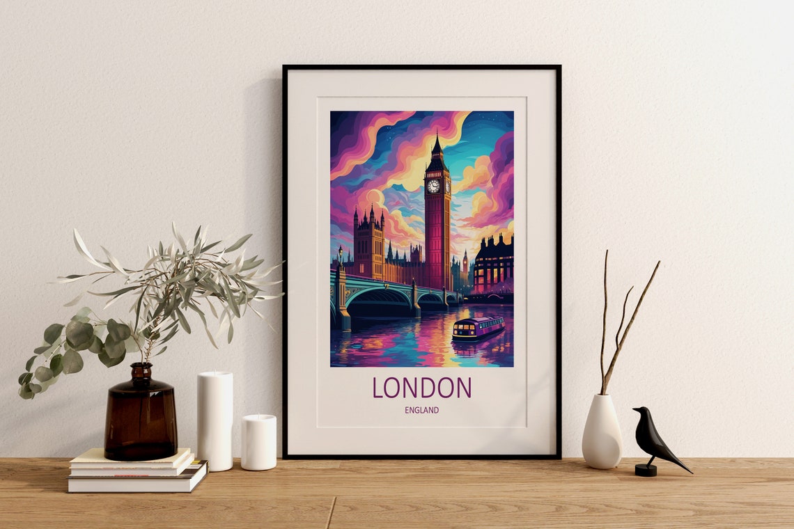 London Big Ben At Dusk With Westminster Bridge and River Boat Poster - Image 2
