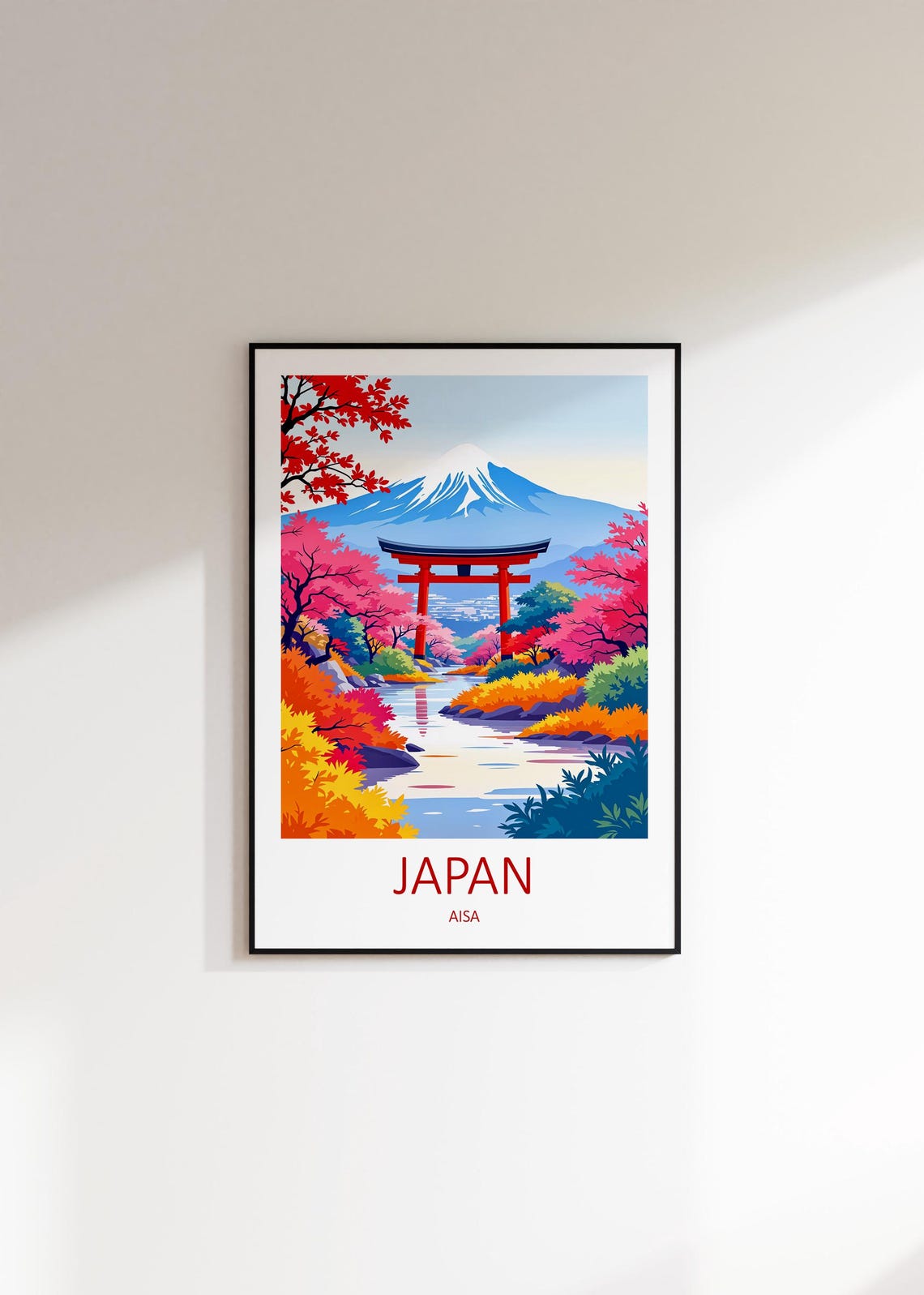 Japan Mount Fuji Red Torii Gate Autumn Cherry Blossom River Poster - Image 2