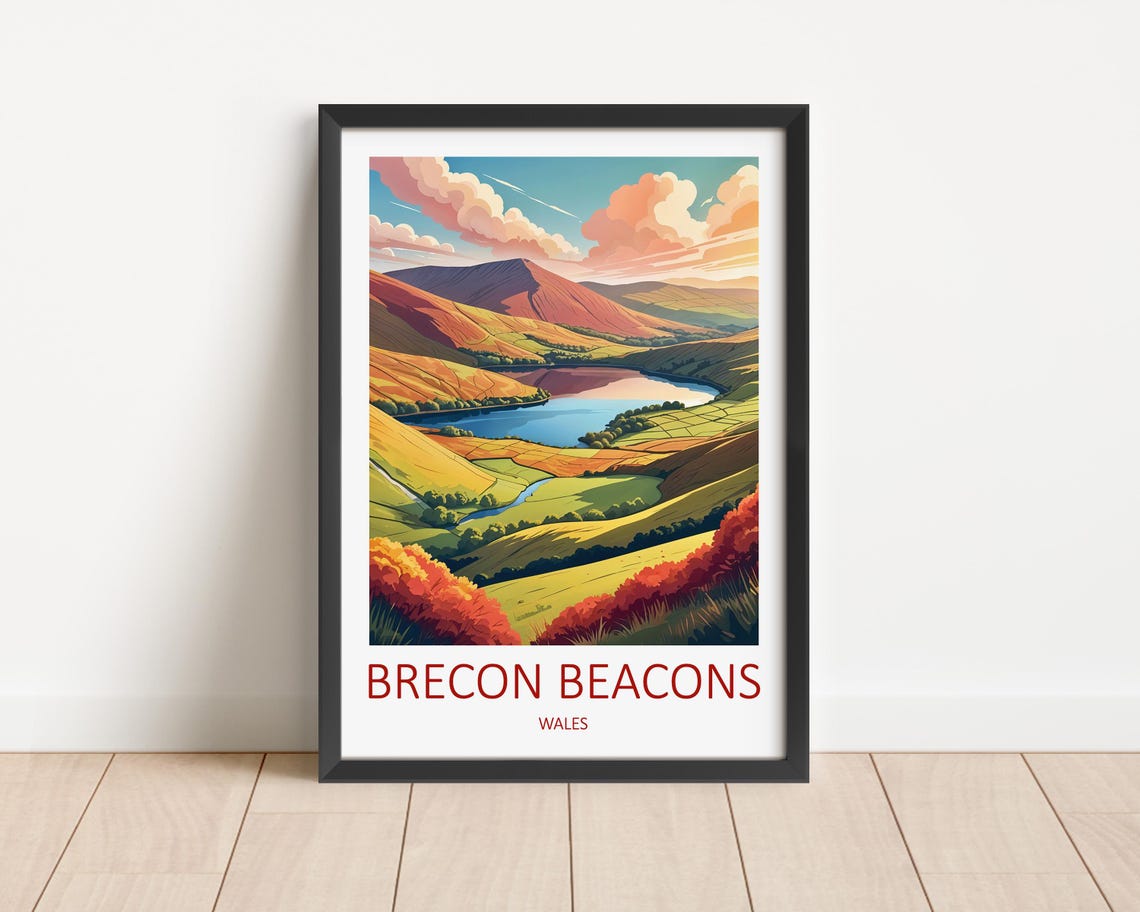 Brecon Beacons Wales Mountain Lake in a Golden Autumn Valley Poster