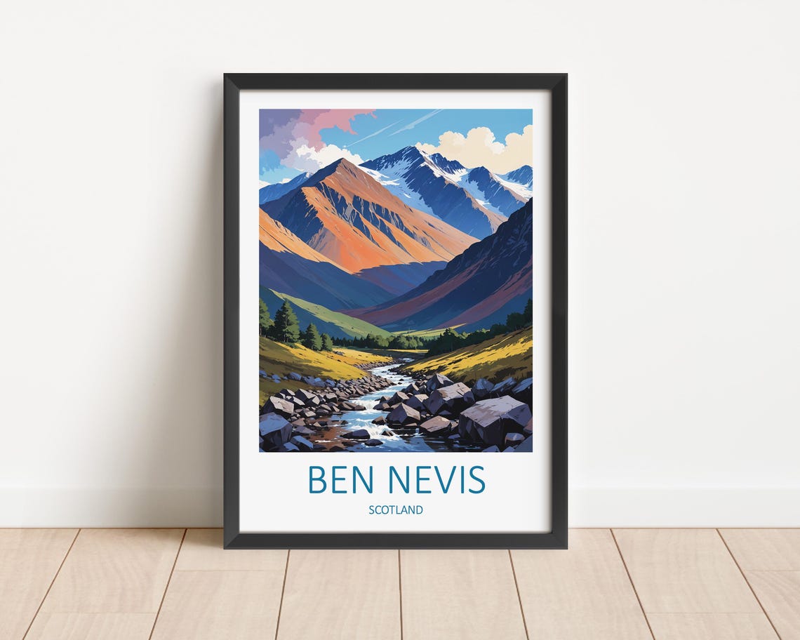 Ben Nevis Scotland Rocky River Valley Below Snow Capped Peak Poster