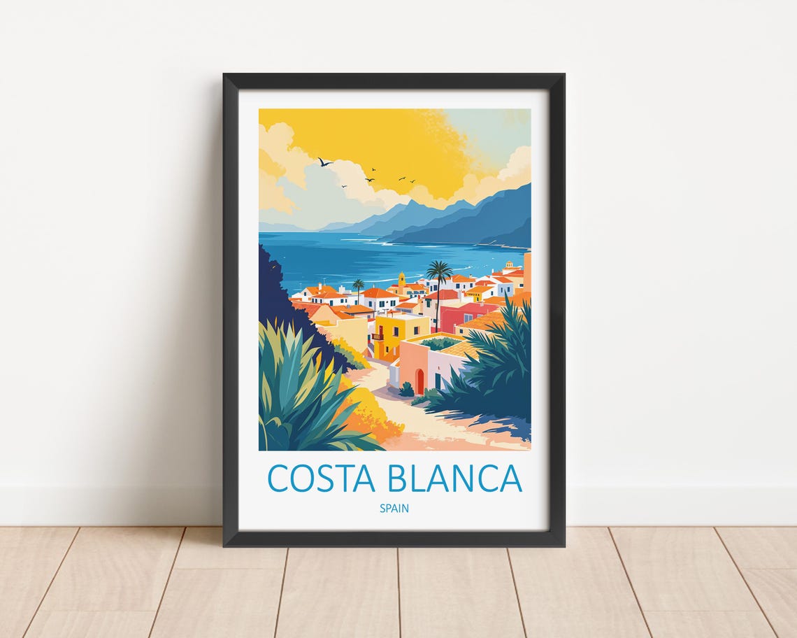 Costa Blanca Spain Coastal Town Palms Sunset Scenic Travel Poster