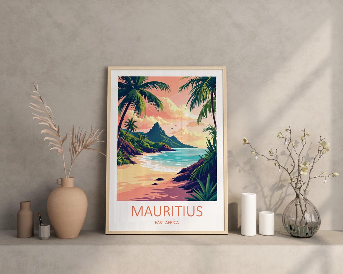 Mauritius East Africa Tropical Beach Palm Trees Mountain Sunset Poster - Image 3