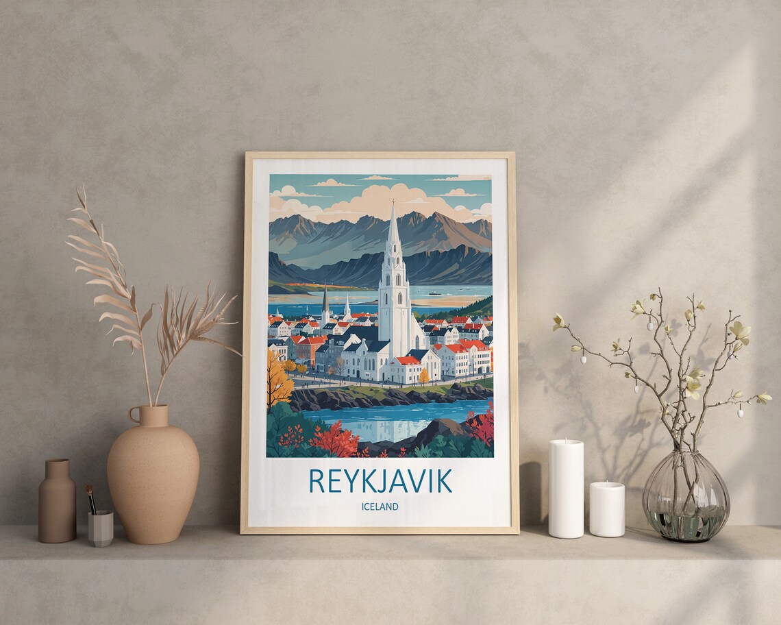 Reykjavik Iceland City Church Spire Mountain View Travel Poster - Image 4