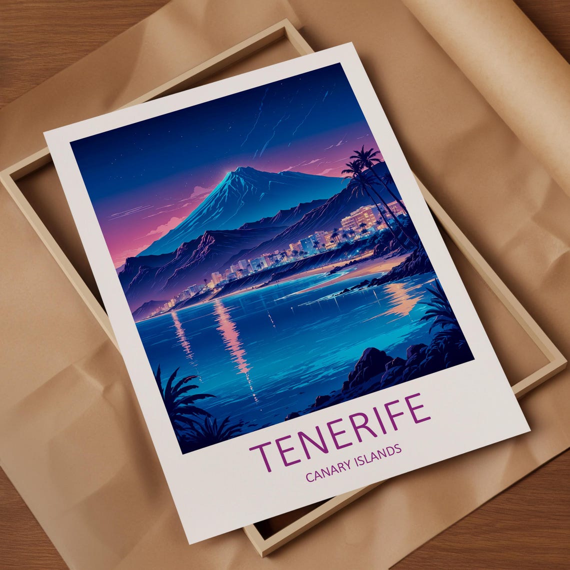 Tenerife Canary Islands Volcano Peak Night Beach Lights Travel Poster - Image 4