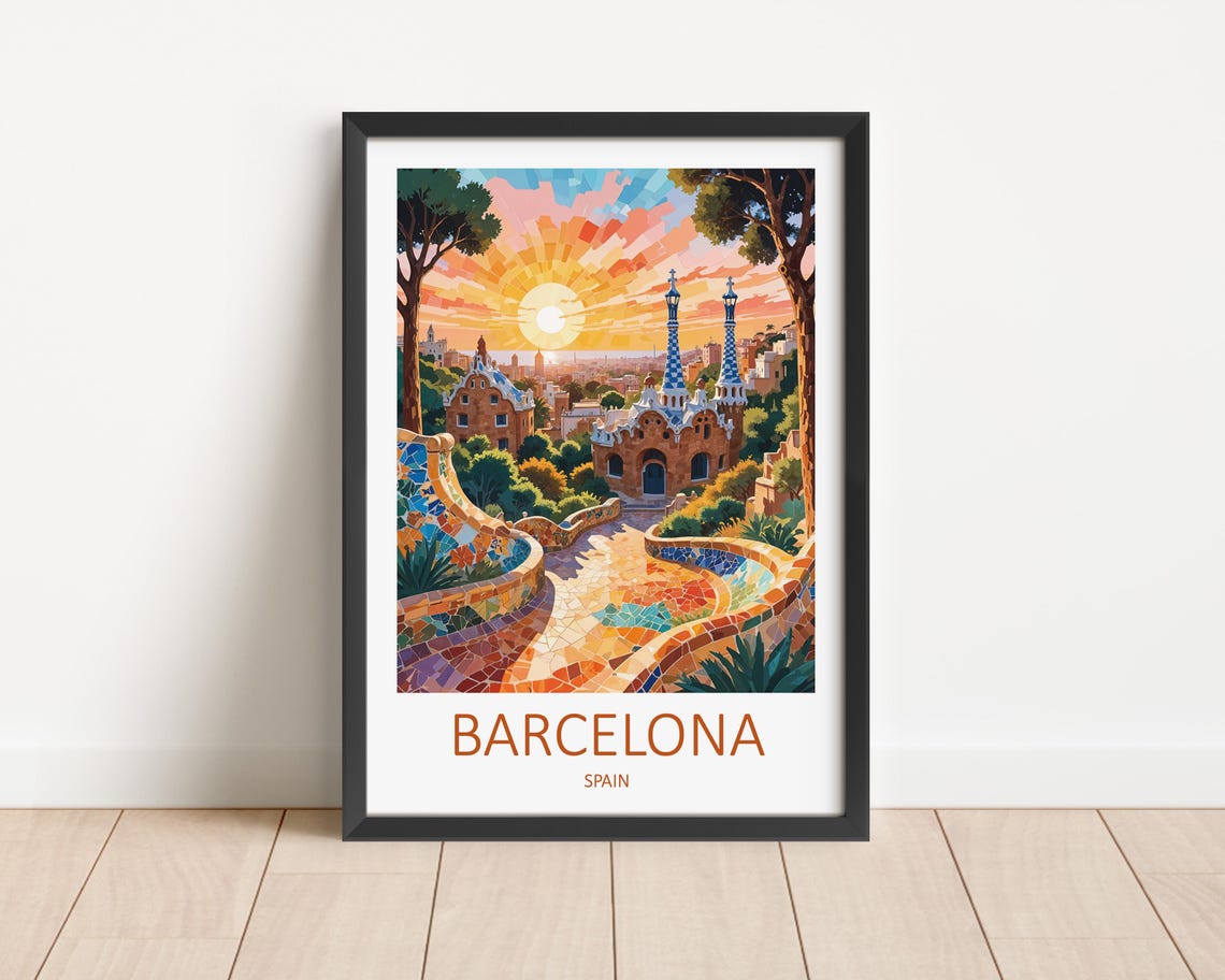 Barcelona Park Guell Mosaic Terrace Sunrise Golden Hour Art Poster