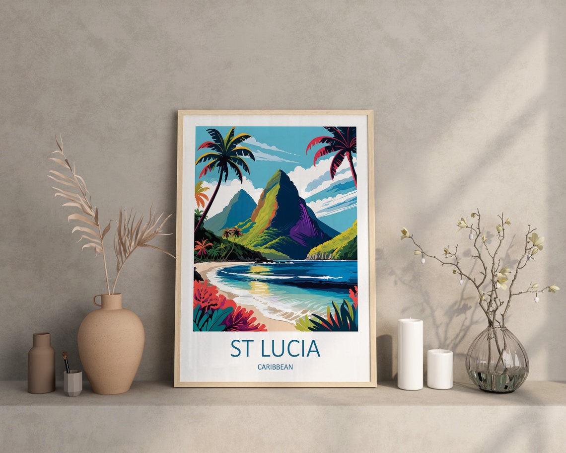 St Lucia Caribbean Twin Pitons Palms and Turquoise Beach Poster - Image 4