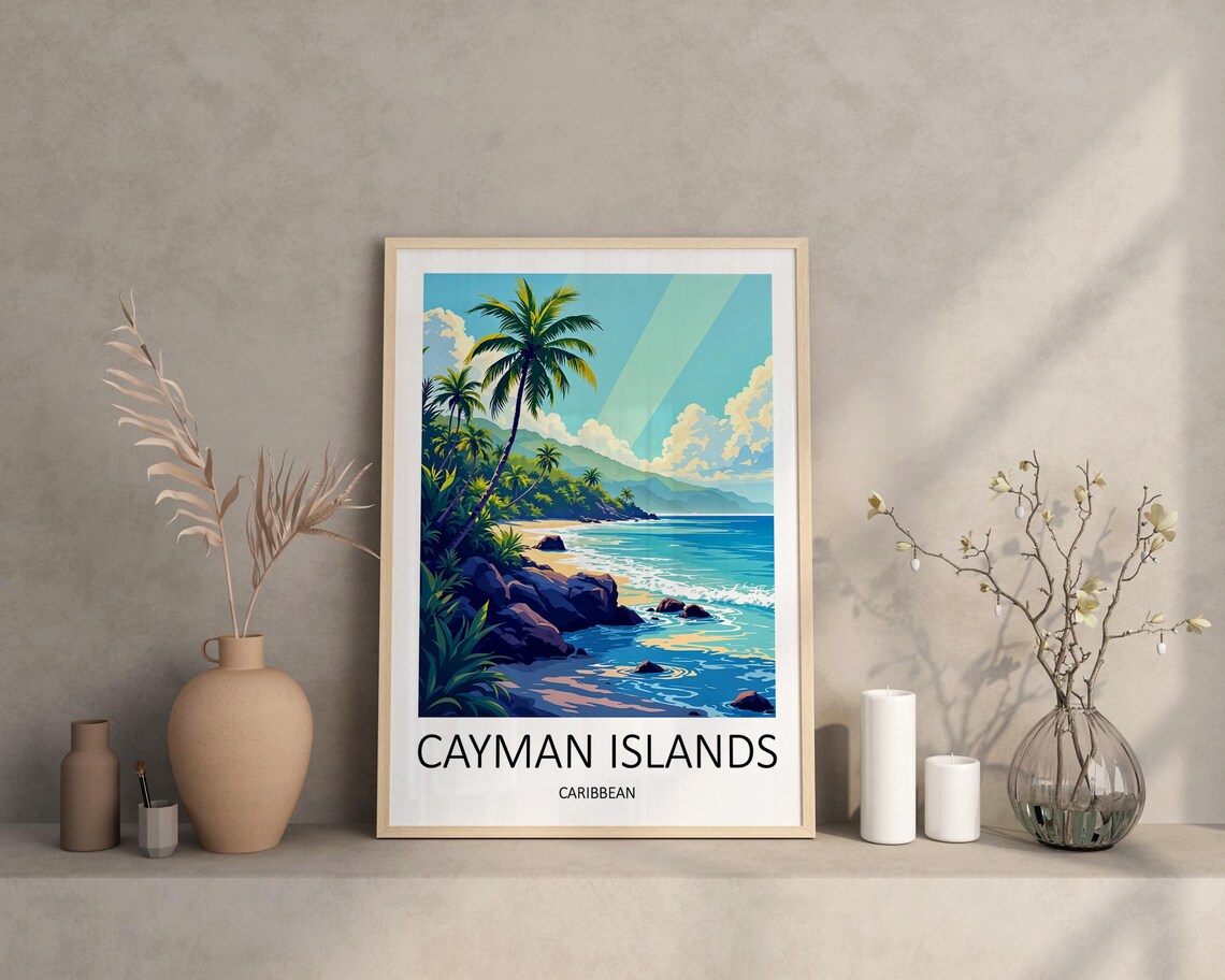 Cayman Islands Caribbean Tropical Beach Palm Trees Bay Travel Poster - Image 3