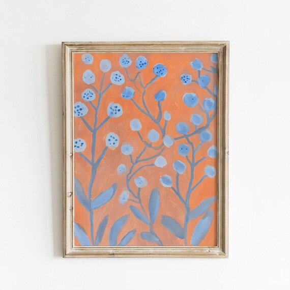 Blue Blossom Branches Terracotta Orange Abstract Botanical Poster