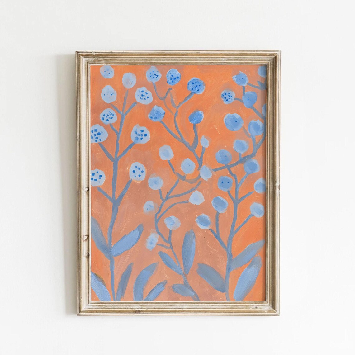 Blue Blossom Branches Terracotta Orange Abstract Botanical Poster