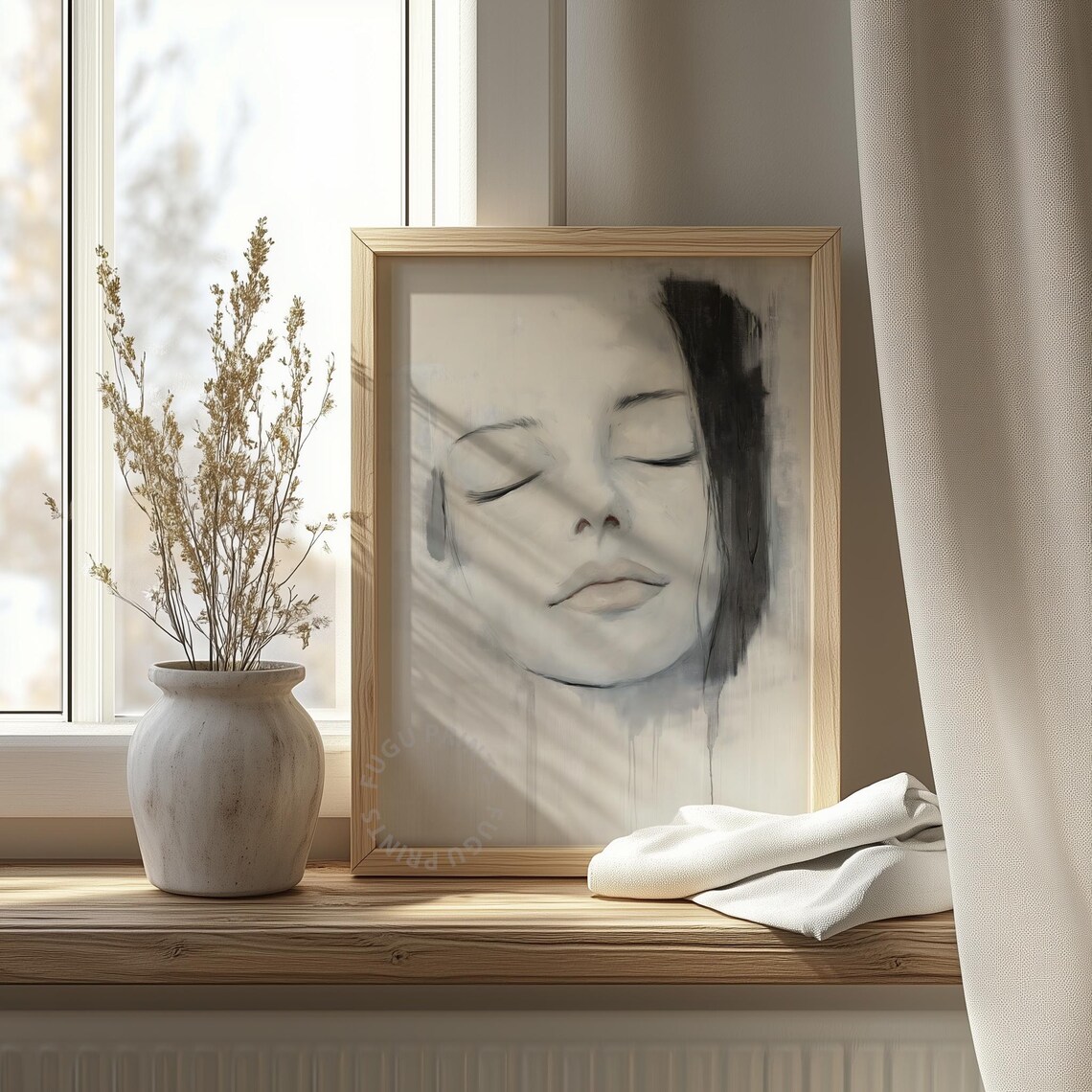 Minimalist Black White Woman Portrait Eyes Closed Serene Wall Art - Image 4