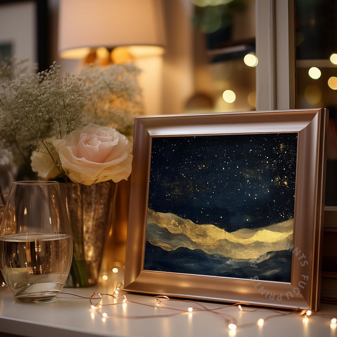 Gold Starry Night Print Abstract Mountain Landscape Wall Art Navy Blue Bedroom Decor 115 - Image 3