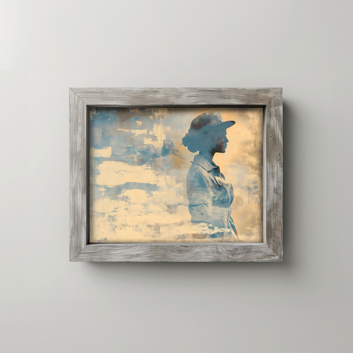 Abstract Blue Beige Woman Silhouette Wearing Hat Vintage Poster - Image 2
