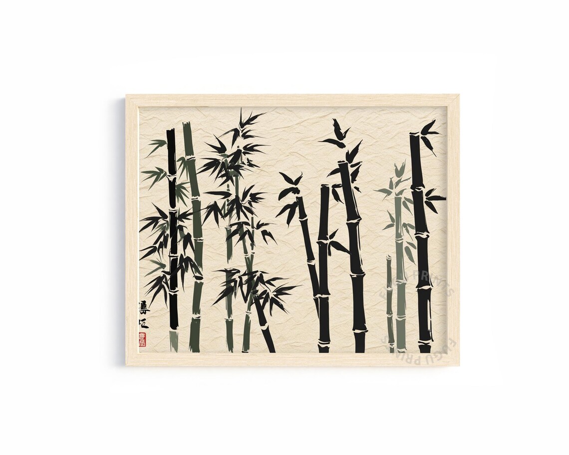 Bamboo Art Ink Painting, Minimalist Asian Decor