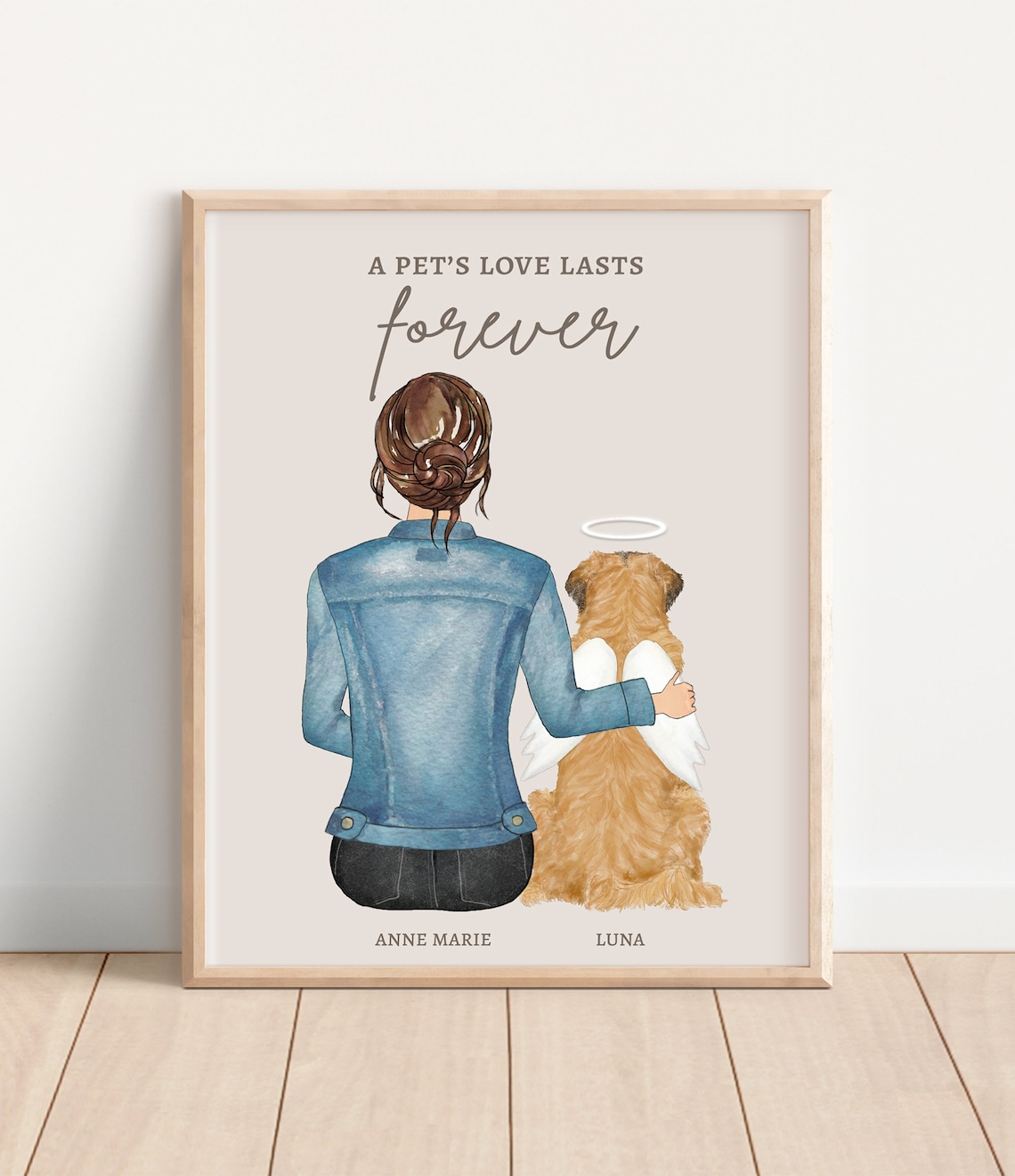 A Pets Love Lasts Forever Woman with Angel Dog Luna Portrait Poster