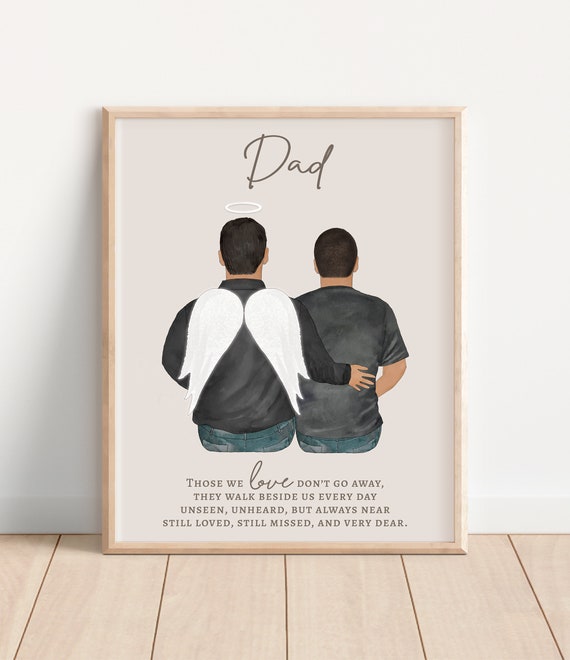 Parent Memorial Portrait Personalized Father Son Print Dad Passed Away Keepsake Frame Angel Dad Heaven Art Adult Son Child Gift