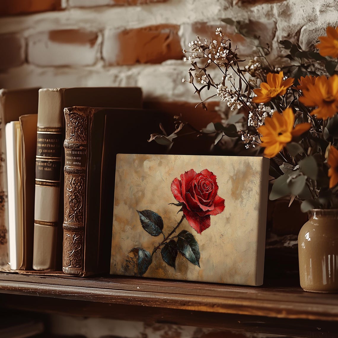 Single Red Rose Bloom Gold Background Romantic Floral Poster - Image 3