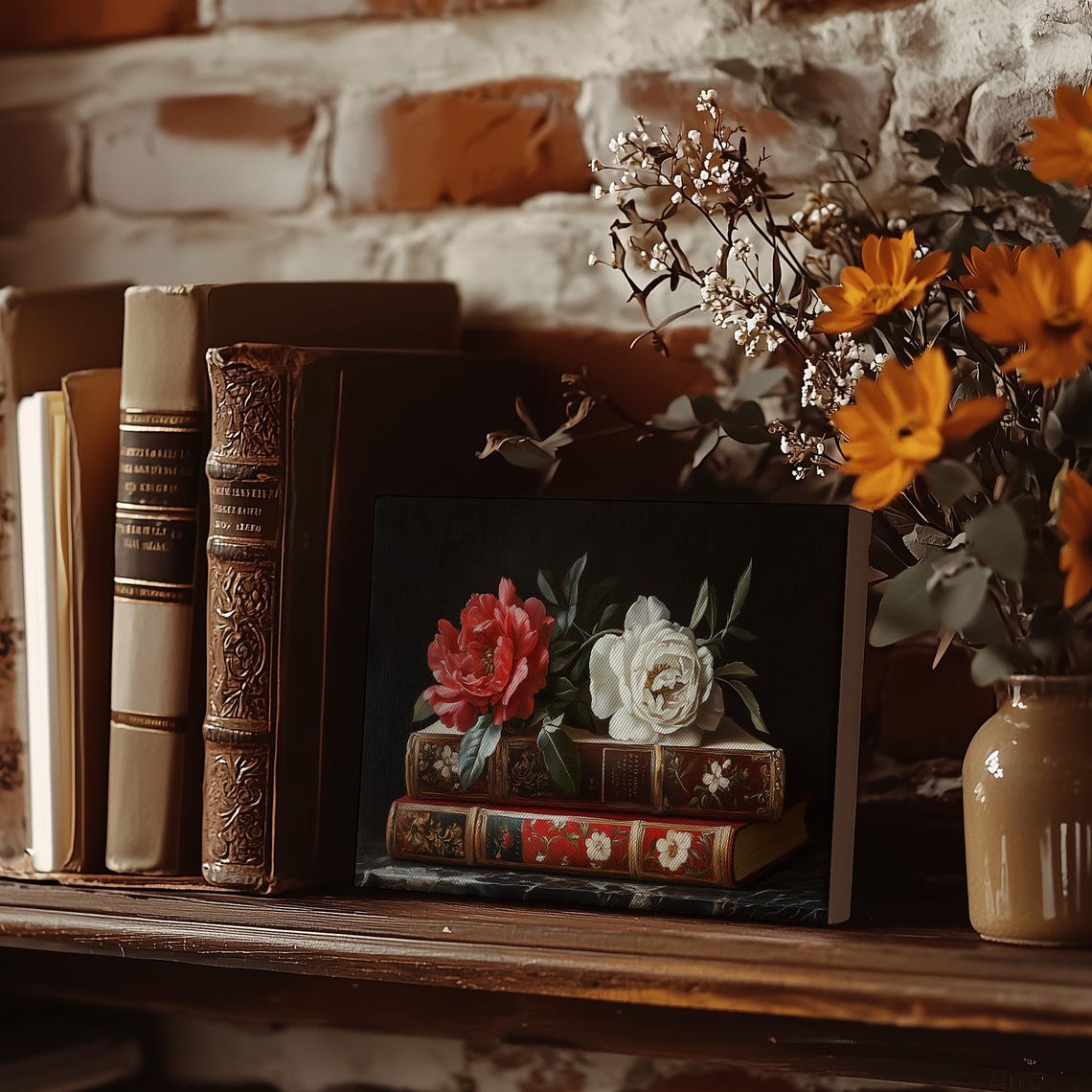 Stacked Antique Books with Red White Roses Dark Library Poster - Image 5