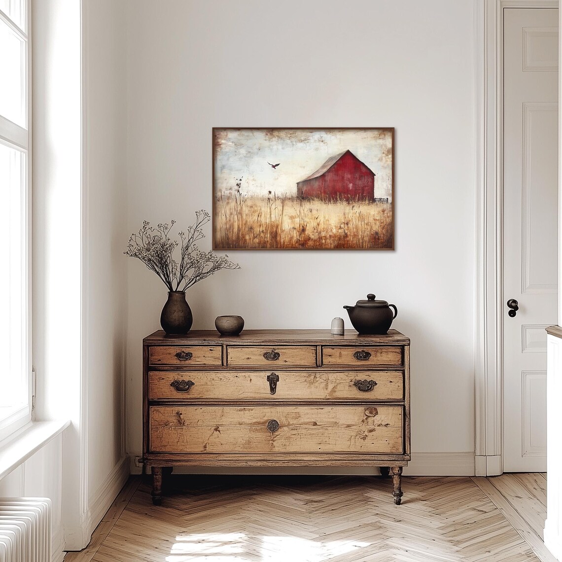 Old Red Barn in Golden Wheat Field Solitary Crow Farm Poster - Image 4