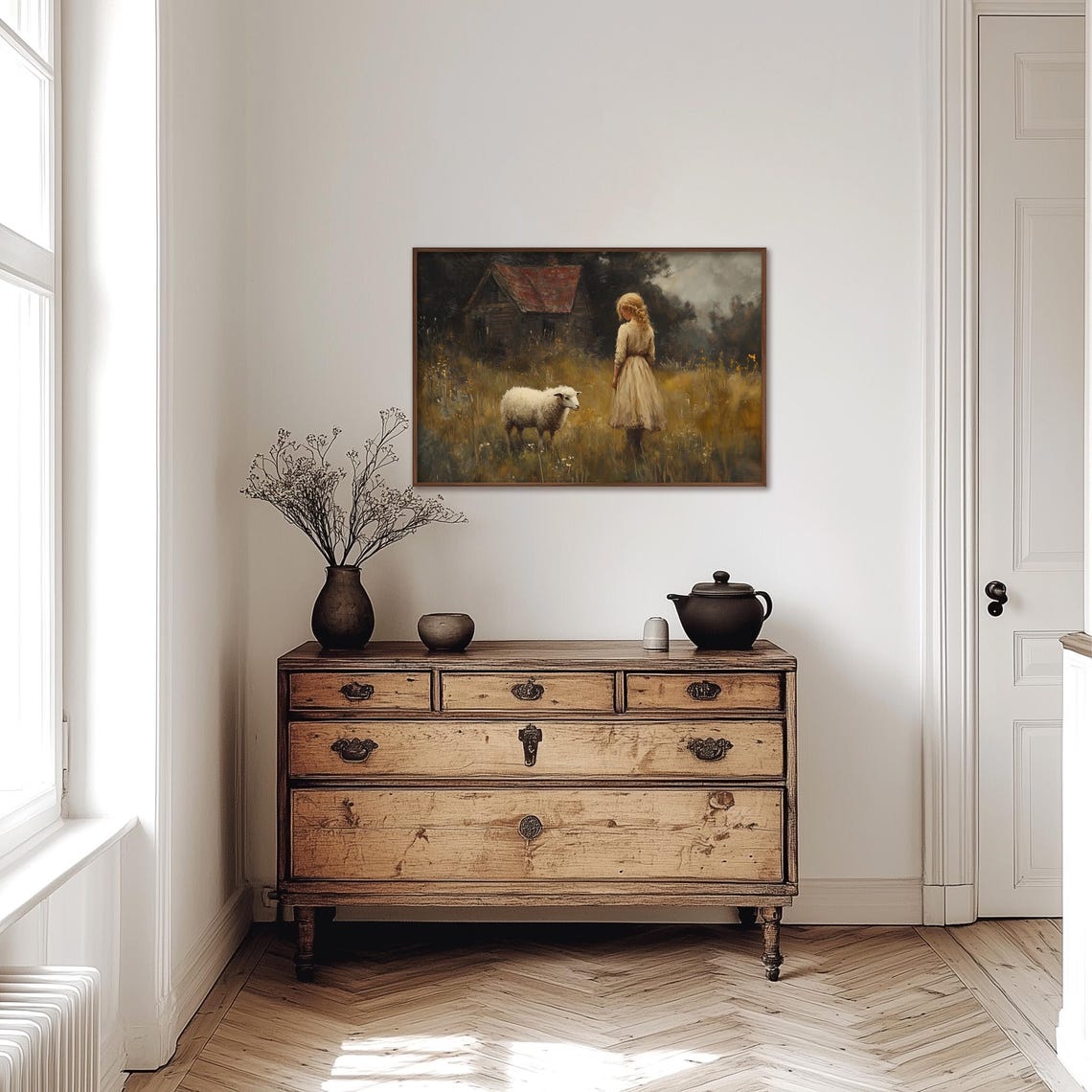 Sheep Girl Painting Vintage Country Wall Print Shepard Girl Print Wall Decor Antique Farm Wall Art Moody Painting Art - Image 4