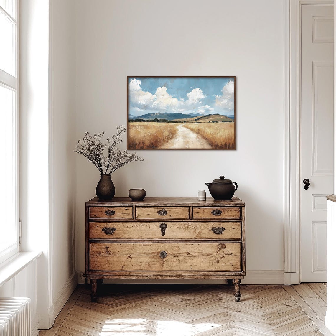 Golden Wheat Field Dirt Path Mountain Vista Under Blue Sky Poster - Image 4