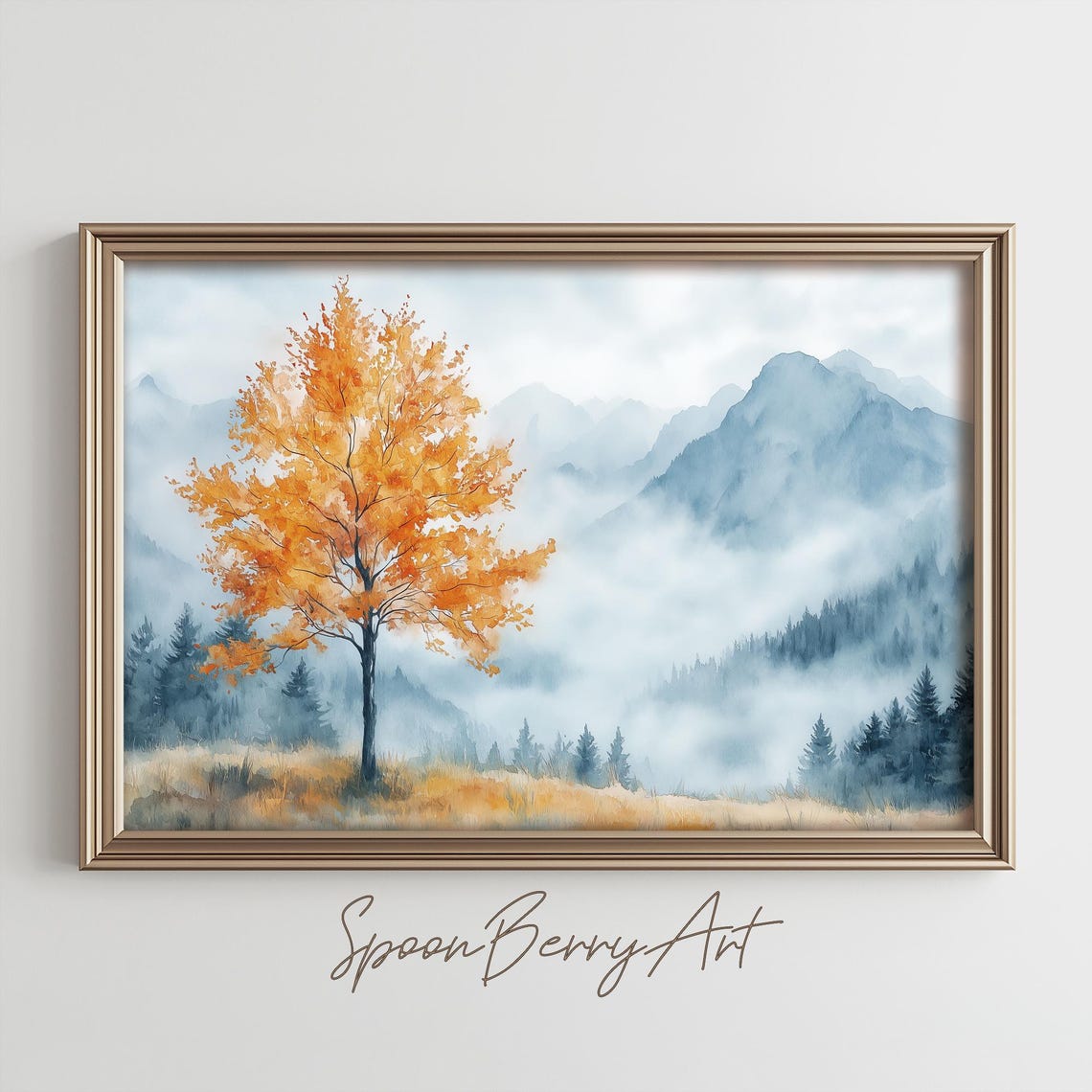 Orange Autumn Tree Before Misty Blue Mountains Watercolor Poster