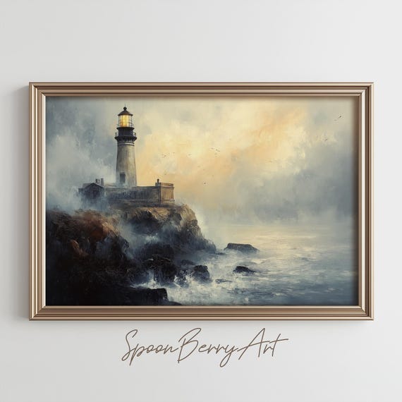 Lighthouse Painting Instant Vintage Wall Decor Custom Art Print Watercolor Oil Moody Nautical Beach Landscapes
