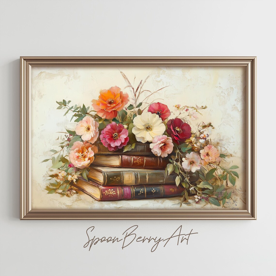 Antique Books with Colorful Floral Bouquet Library Art Poster