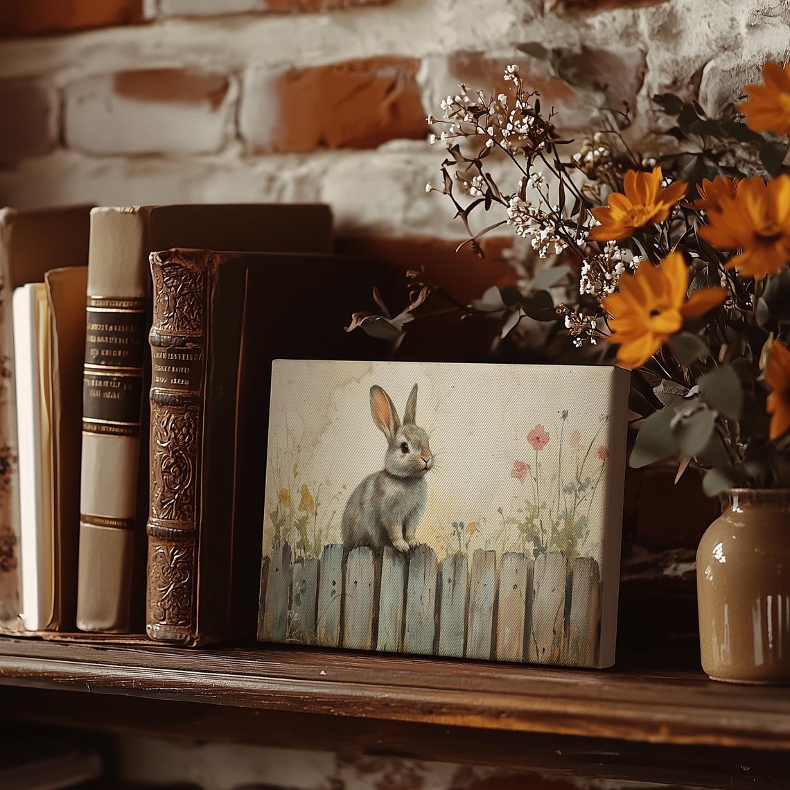 Cute Bunny Perched On Weathered Fence Among Wildflowers Poster - Image 3