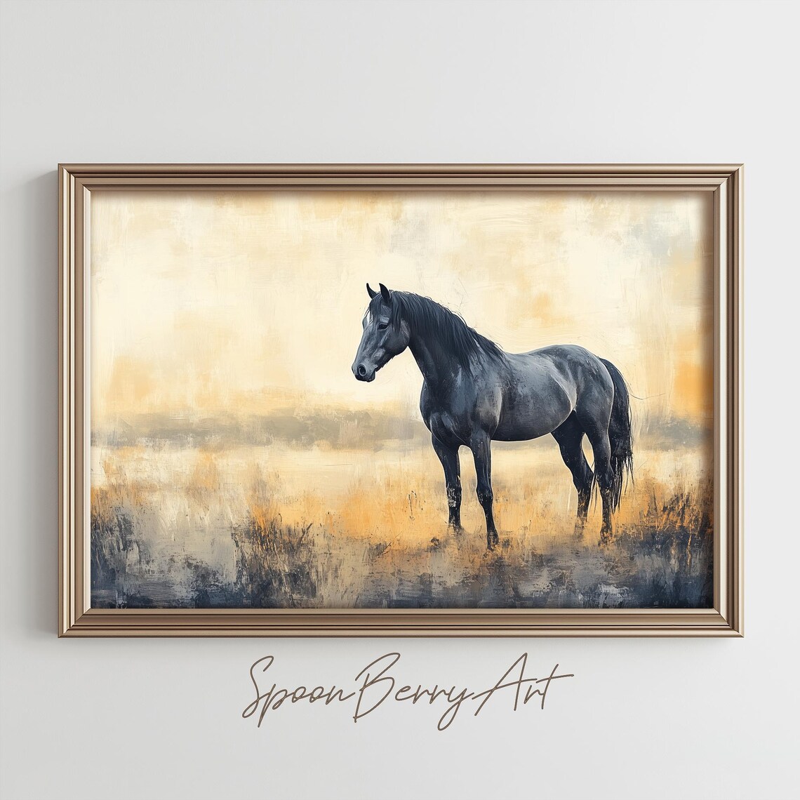 Black Horse Standing In Golden Misty Meadow At Sunrise Poster