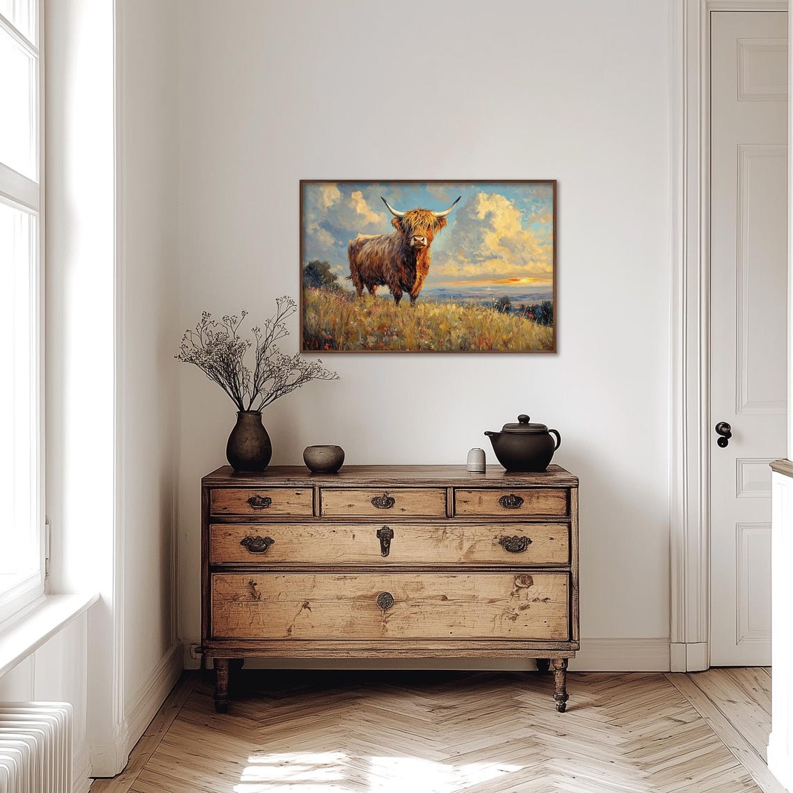 Highland Cow Painting Moody Cowboy Wall Print Highland Cow Print Wall Decor Cow Wall Art Farm Oil Painting Barn Art - Image 4