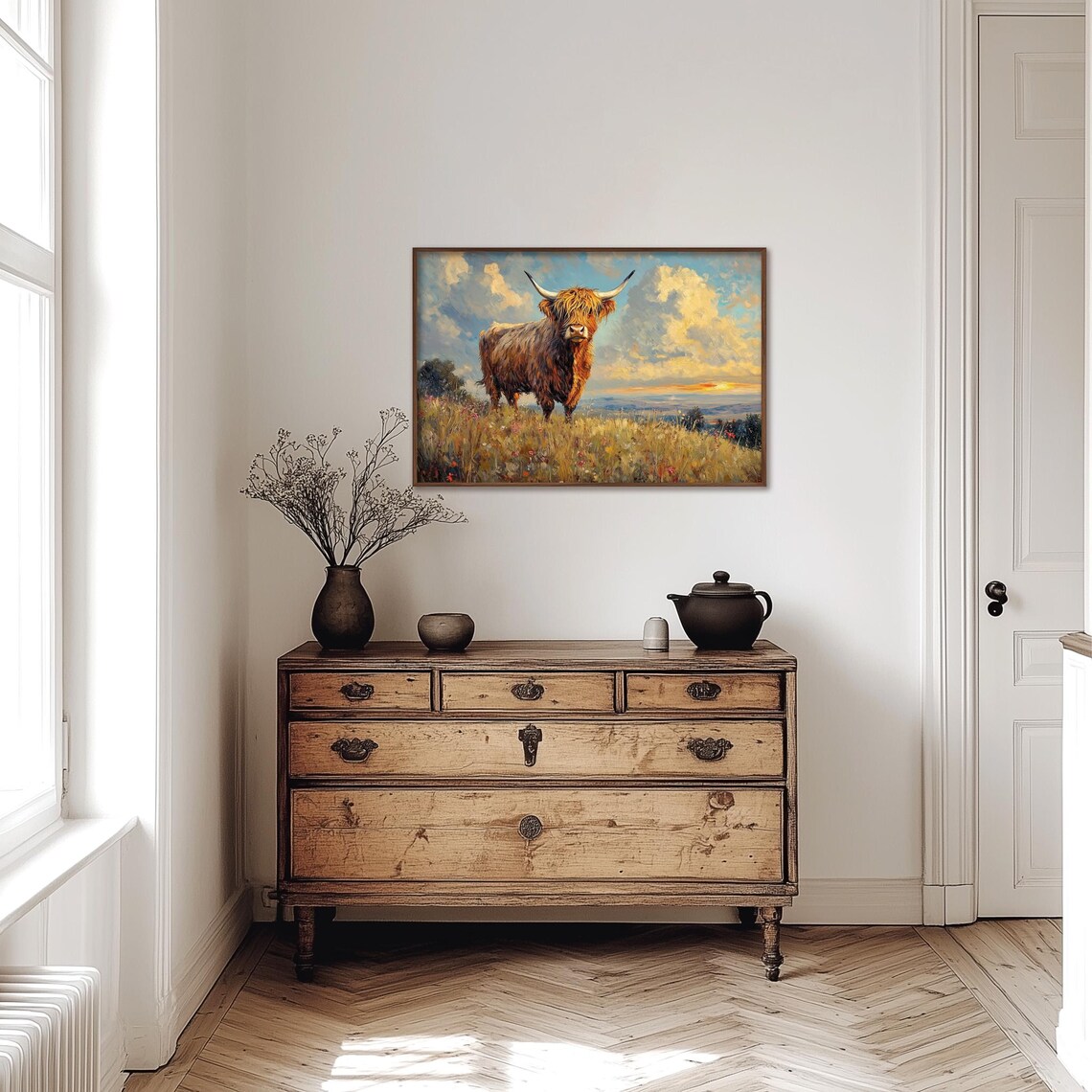 Shaggy Highland Cow Standing In Wildflower Meadow At Sunset Poster - Image 4