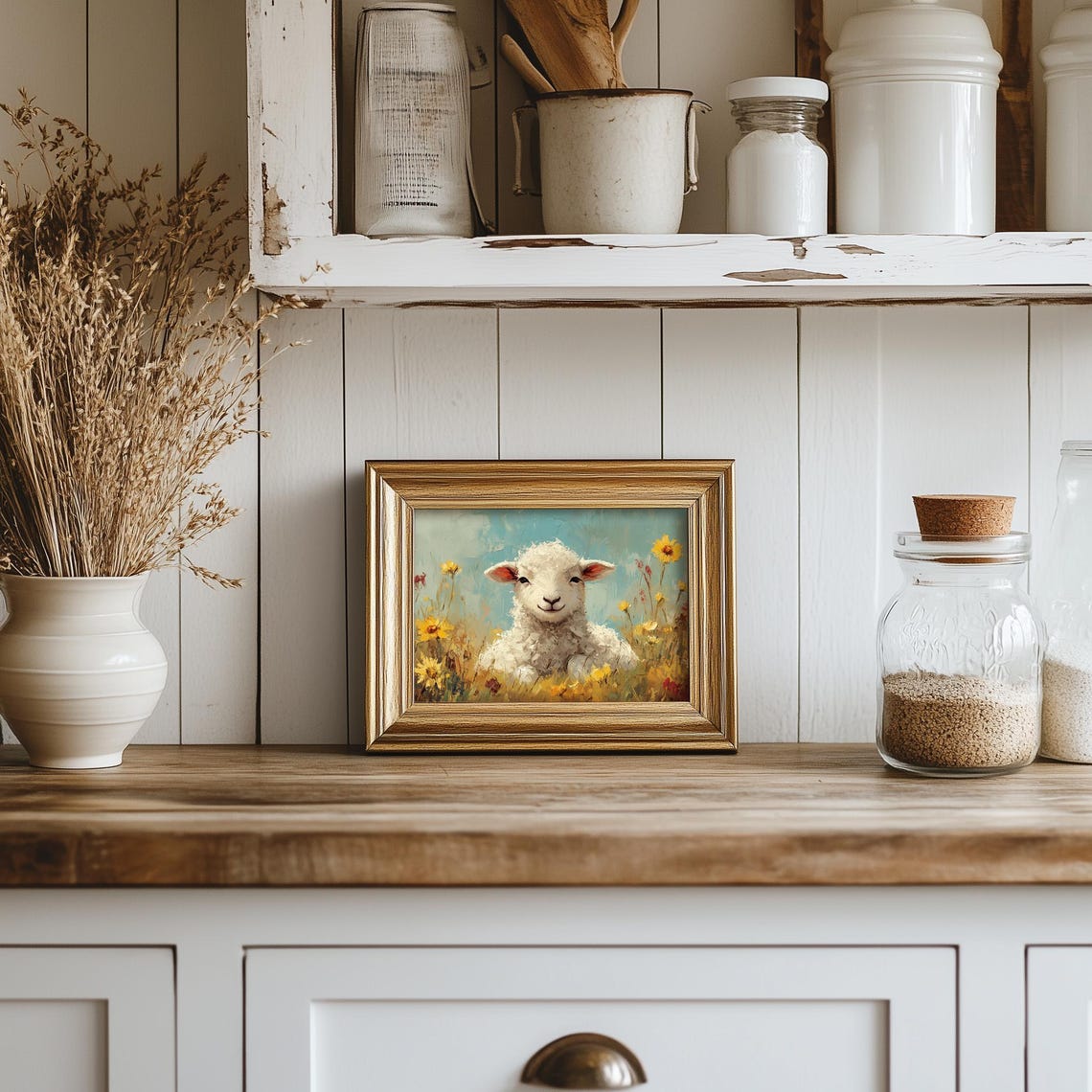 Happy Little Lamb In Wildflower Meadow Under Blue Sky Poster - Image 5
