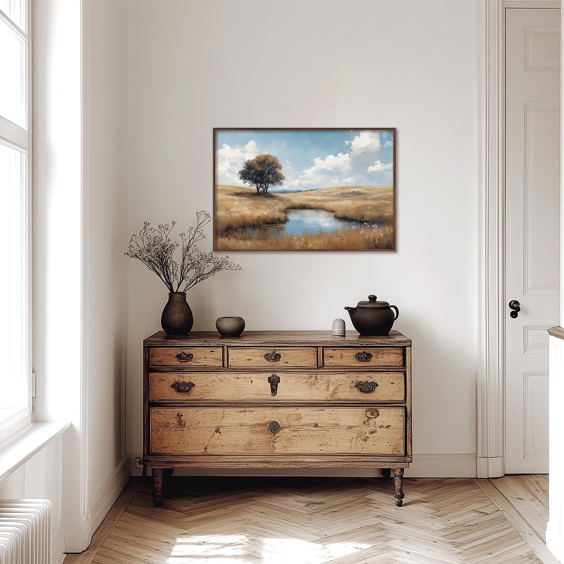 Tree by a Quiet Pond in a Golden Field Blue Sky Landscape Poster - Image 5
