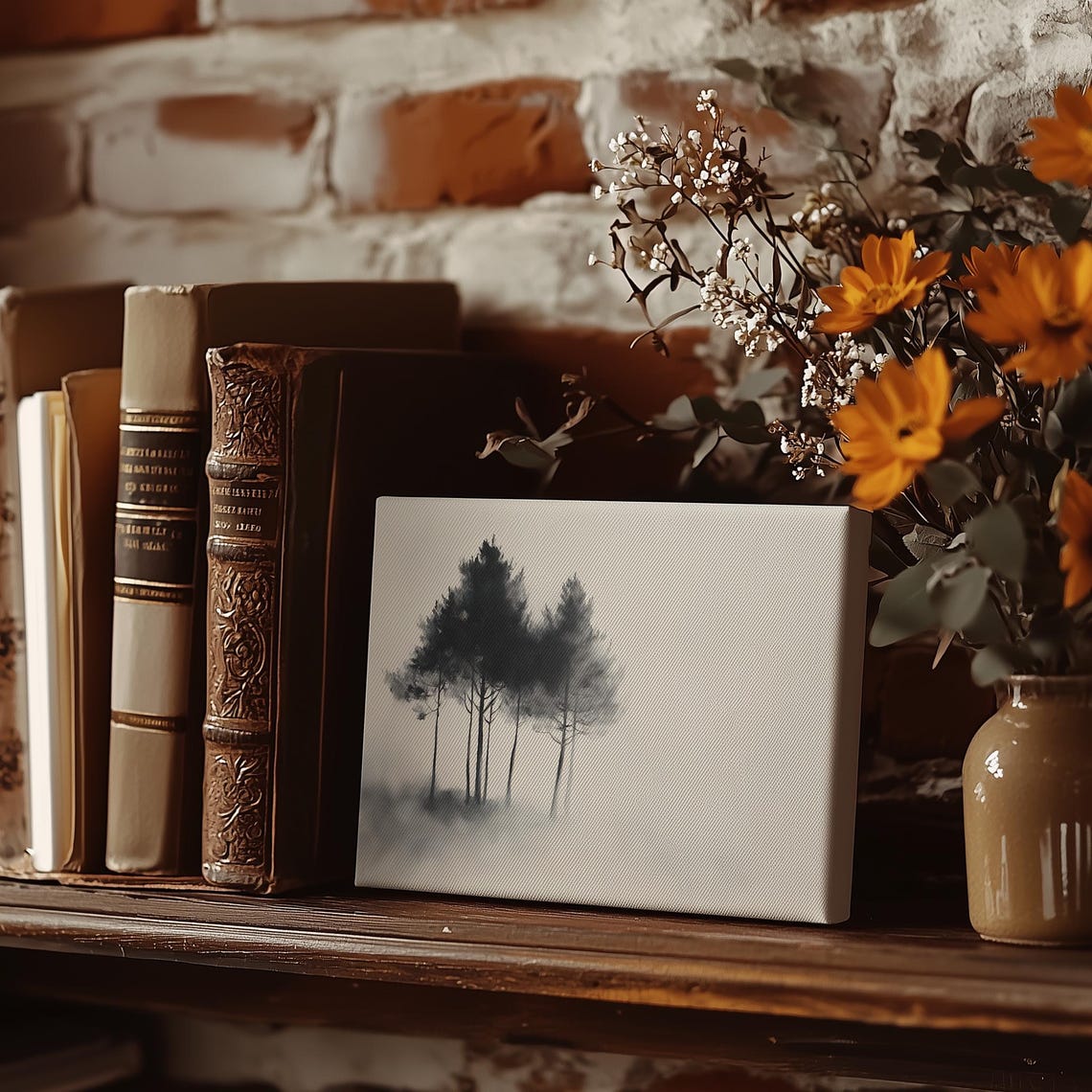 Black and White Misty Pine Tree Cluster in Soft Fog Art Poster - Image 5