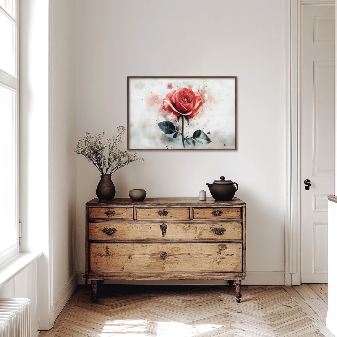 Single Coral Red Rose Bloom With Watercolor Splash Art Poster - Image 4