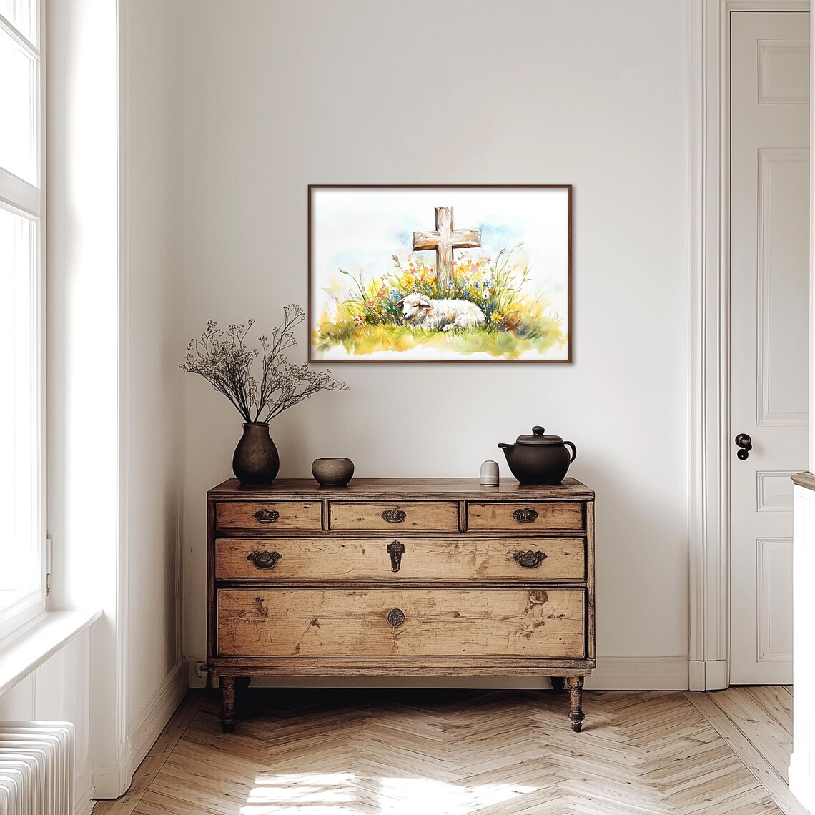 Lamb Resting Before Wooden Cross In Spring Wildflowers Poster - Image 4