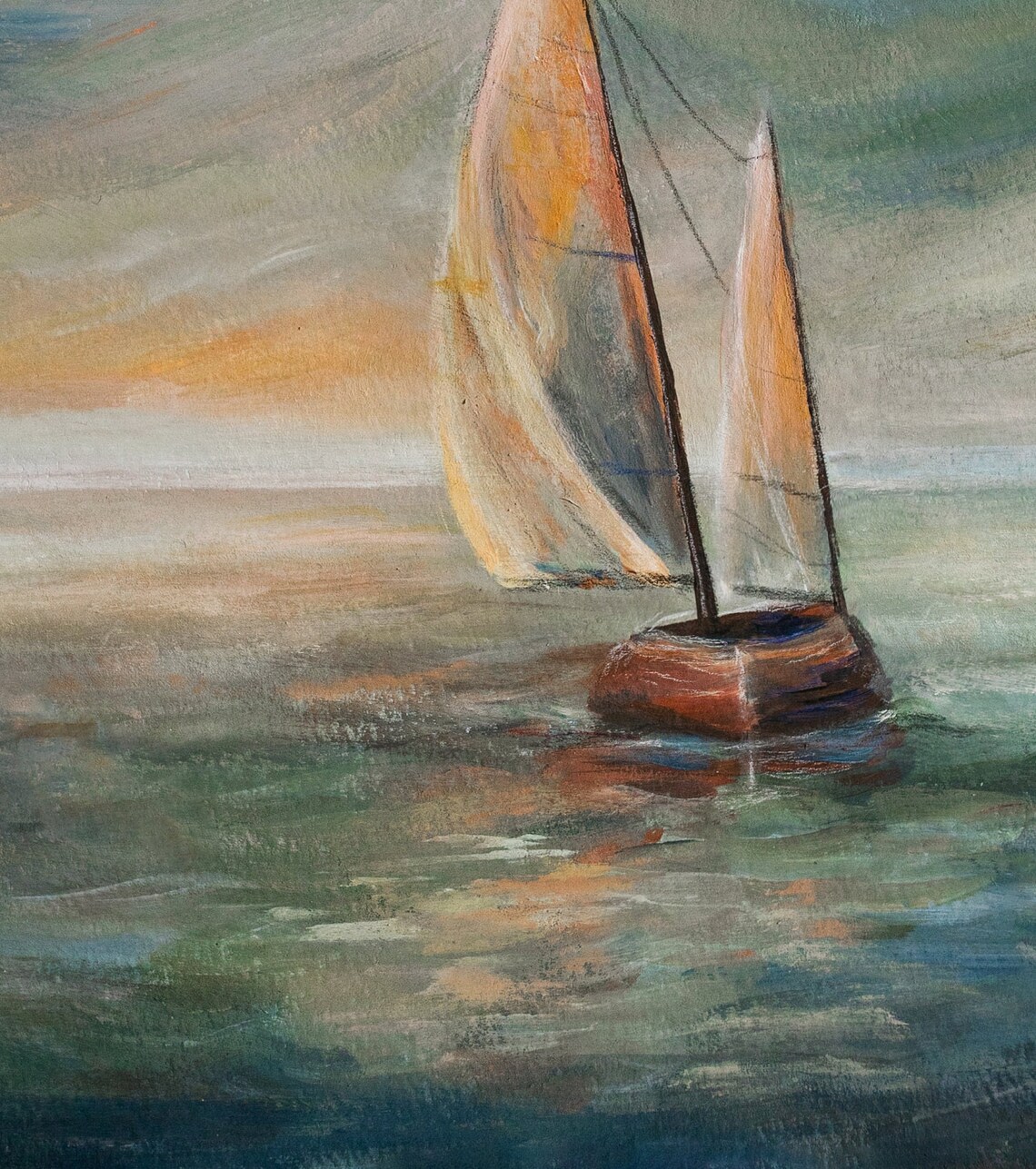 Sailboat At Sunset Ocean Painting Print Calm Sea Golden Sky Coastal Decor - Image 2