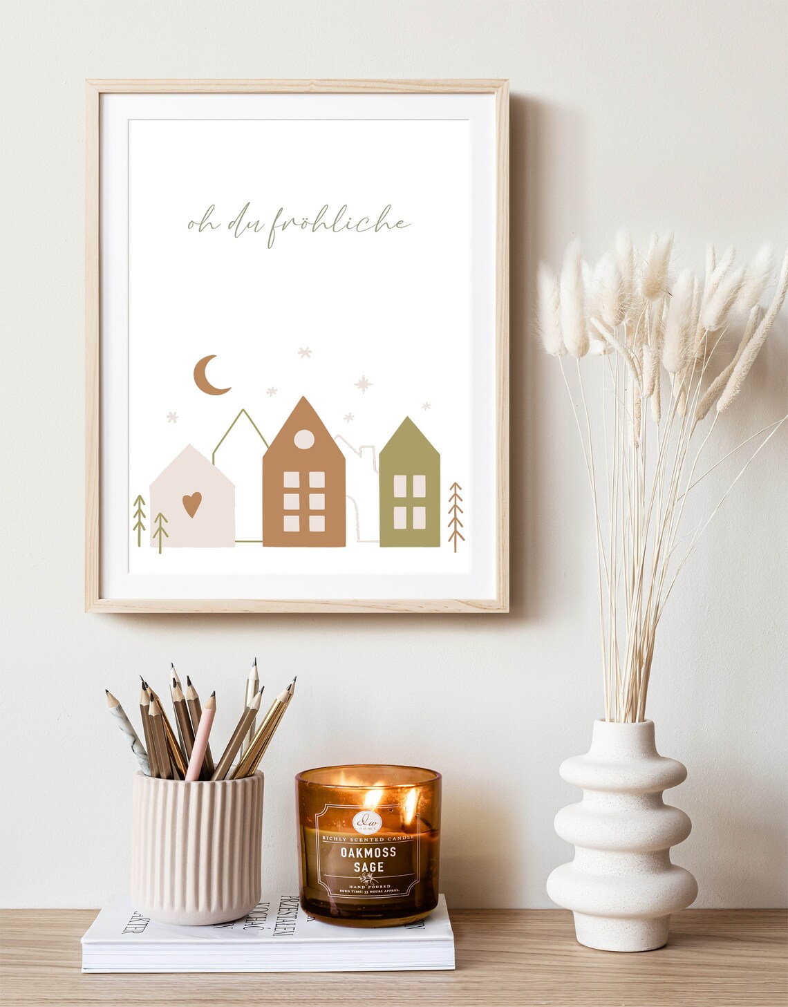 Oh Du Frohliche German Winter Village Houses Minimalist Art Poster - Image 3