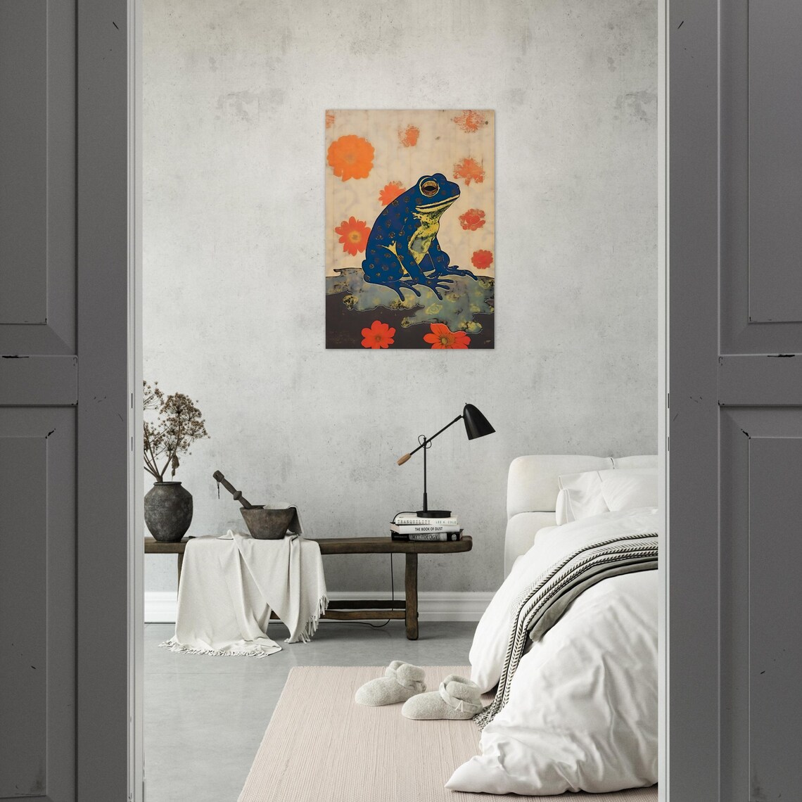 Striking Japanese Style Blue Frog Orange Flowers Vintage Art Poster - Image 2