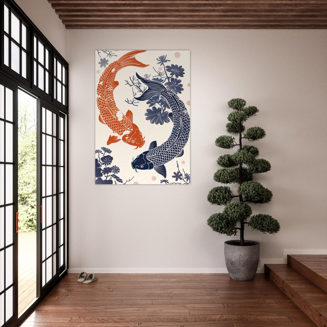 Koi Fish Poster Two Koi Fish In Linocut Style Harmony And Balance In Blue And Orange Premium Posters In A4 To A0 Koi Yin Yang - Image 4