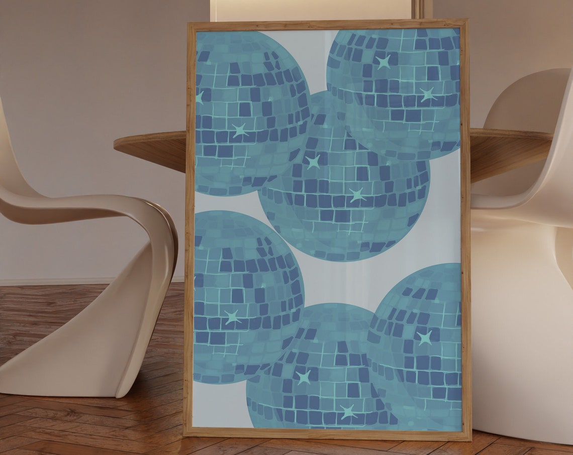 Blue Disco Ball Pattern Retro Party Sparkle Glam Room Poster
