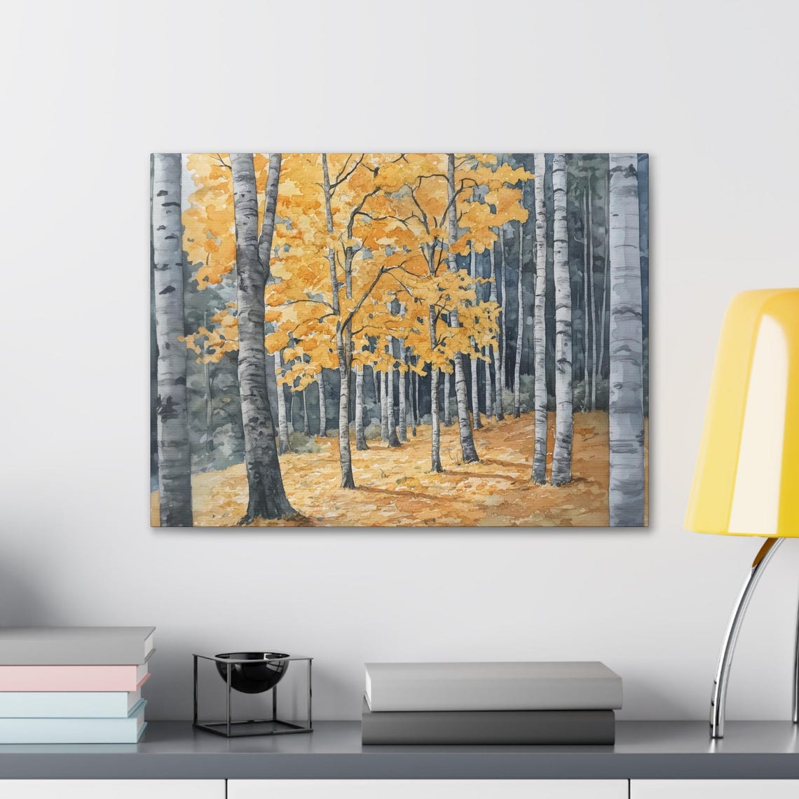 Golden Birch Trees in Autumn Watercolor Forest Landscape Wall Art - Image 2